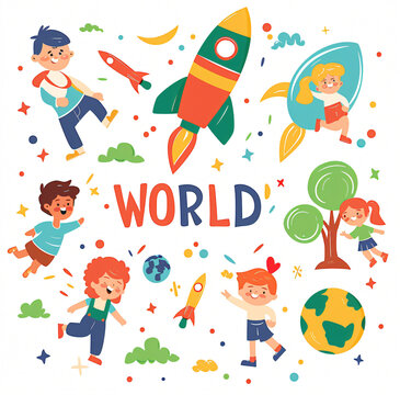  Illustration Featuring Happy Children Enjoying Fun and Togetherness, Promoting Education and Friendship in a Colourful and Joyful Event. Global Celebration of Children's Day.