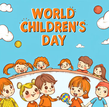  Illustration Featuring Happy Children Enjoying Fun and Togetherness, Promoting Education and Friendship in a Colourful and Joyful Event. Global Celebration of Children's Day.