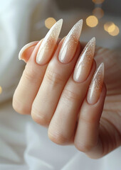 Wall Mural - Female hand with beautiful nails, nail design, manicure in beige colors.