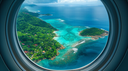 Wall Mural - Top view from illuminator of the private jet on tropical islands.