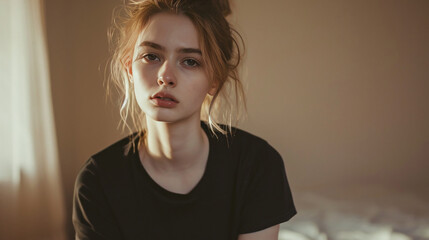 Wall Mural - Young woman wearing t shirt standing at his room