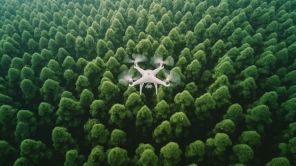  A professional-grade drone hovering gracefully above a white surface, its rotors blurred as it captures stunning aerial footage of a lush forest
