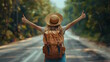 Backpacking woman hitchhiking gets a thumbs up on the road. holiday travel enjoy summer freedom.