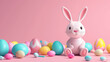 A cuddly Easter bunny with a basket of colorful eggs celebrates the spring holiday ,Easter day concept background