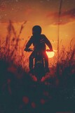 Fototapeta  - Silhouette of a motorcyclist at sunset in the field. Generative AI.