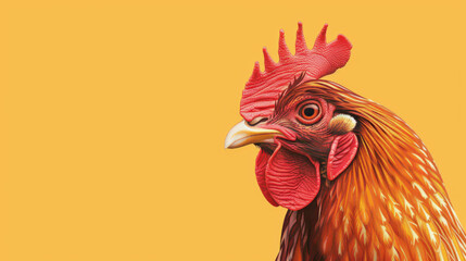 A vibrant and detailed illustration of a rooster with a vivid red head on a yellow background.