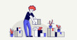 Moving to new apartment or business moving to new office, person carry and unpack boxes with stuff, beginning of new life, vector outline illustration.