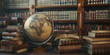 A globe sits on a table next to a stack of books