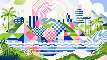 Wall Mural - Vibrant Abstract Tropical Landscape Illustration with Geometric Elements