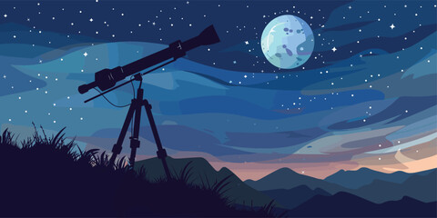 starry discovery: vector cartoon illustration of telescope for astronomy observation