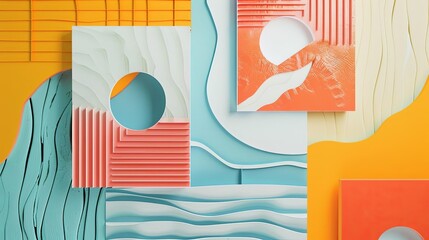 minimalist composition with irregular shapes and vibrant hues featuring a blue circle and an orange and yellow wall, with a white hand adding a touch of whimsy