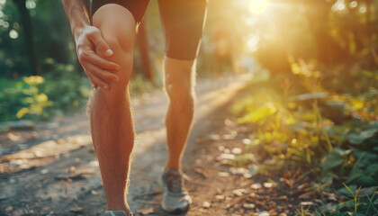 Close-up image of young runner athlete on the running path standing and feeling acute knee pain while morning jogging in summer park. Active people and human body issues concept image.