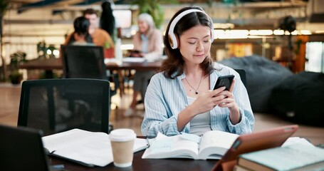 Poster - Girl, student and phone to relax on social media, study and online research for assignment on campus. Female person, break and check music playlist at university, education and books for learning