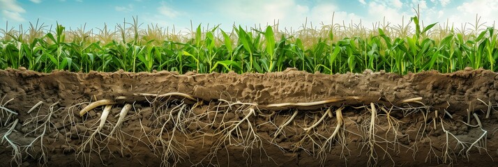 Wall Mural - capturing the cross-section of soil, intricate roots, and vibrant corn plants growing in a sunlit field, with emphasis on detailed textures and colors