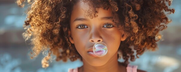 Wall Mural - Young black girl with curly hair blowing a bubble gum bubble.