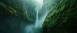 A serene and magical waterfall cascading through a lush green forest enveloped in mist.
