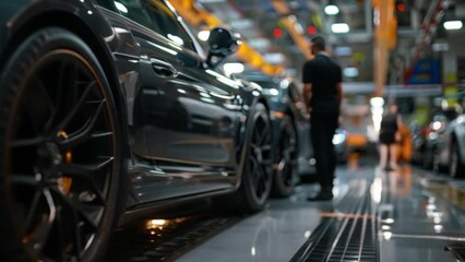 Wall Mural - An auto repair service center is changing a tire for a customer. Change tires and install tires with experts with a background in an industrial and efficient car care center.