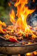 © Big - A close-up of a barbecue grill with flames and sizzling food, evoking the aroma and flavor of summer outdoor cooking. AI Generative