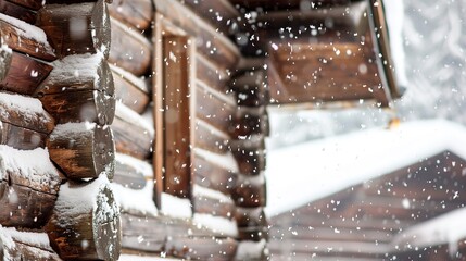 Wall Mural - Mountain resort, log cabin texture close-up, rich wood grains, snowflakes gently falling 