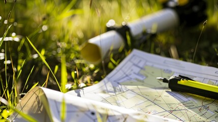 Poster - development land, surveyor's map close-up, planning future projects, outdoor light
