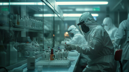 Poster - Scientists in protective gear working diligently in a well-equipped, modern laboratory setting.