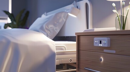 Poster - Bedroom with hospital bed, accessible nightstand, emergency call button, high-detail close-up of amenities 