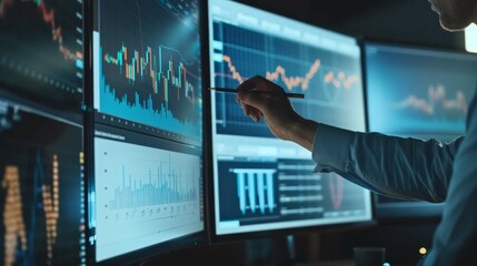 Poster - Multiple trading screens showing stock and cryptocurrency market trends, detailed financial analysis