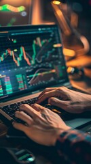 Poster - Financial analyst deeply engaged with market reports on a laptop, exploring future trends in crypto and stocks