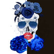  Parody human skull with flowers, isolated on white and black  background. Vector illustration. Gothic grotesque print. Blue roses, peonies and red lips