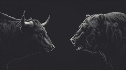 Aufkleber - Bull and bear face off in dramatic monochrome, depicting market dynamics. Ideal for financial themes