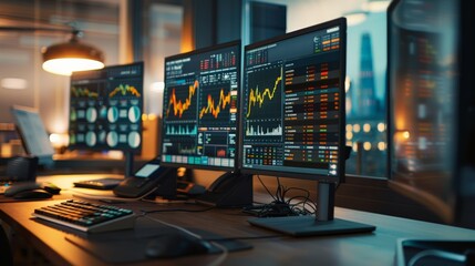 Poster - Multiple trading screens glowing in a dark trading room. Financial market analysis in action