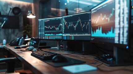 Fototapete - Sophisticated trading room with illuminated monitors showing market stats. High-tech finance and investment workspace