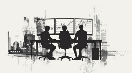 Poster - Dramatic silhouette of three traders in front of large screens, a powerful depiction of financial market engagement