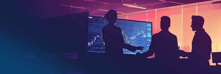 Poster - Futuristic trading room lit by screens showing data, a hub for market analysis and decision-making