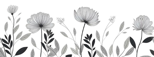 Sticker - AI generated illustration of monochrome flower sketches on a white background