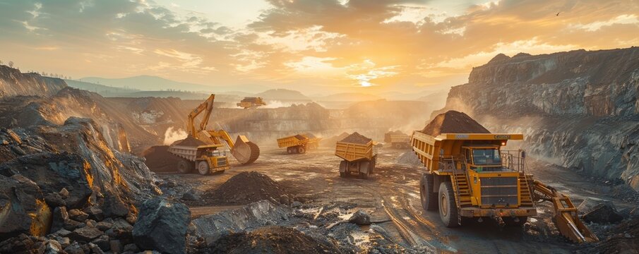 Dump trucks filling up with overburden and dragline in dusty open cut coal mine