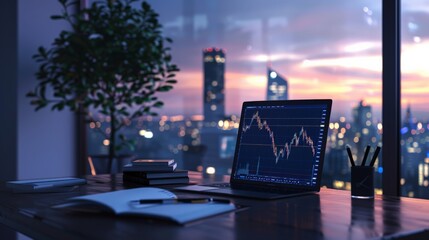 Poster - Nighttime stock trading setup overlooking a vibrant cityscape. Financial markets and urban growth concept.