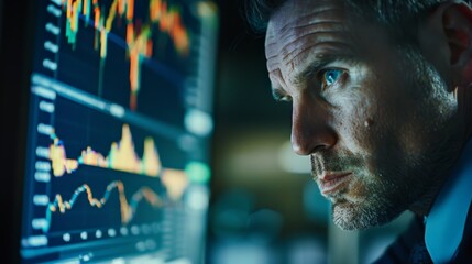 Aufkleber - Trader intently watching market fluctuations on computer screens. Decision making and market analysis concept.