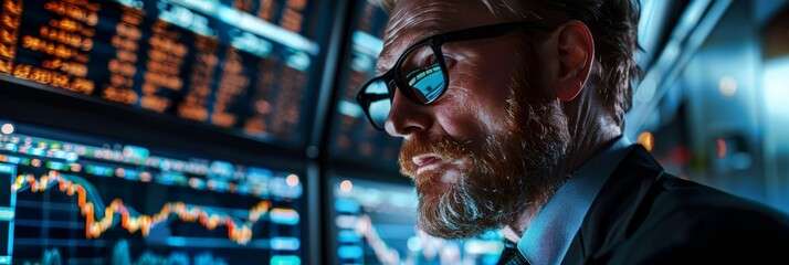 Poster - Seasoned trader analyzing financial data on multiple monitors in a high-tech trading environment. Market trends and investment strategies concept.