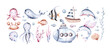 Set of sea animals. Blue watercolor ocean fish, turtle, whale and coral. Shell aquarium mermaid submarine. Nautical dolphin marine illustration, jellyfish, starfish