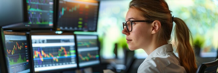 Aufkleber - Professional woman analyzing financial data on a digital tablet in a bright, modern office setting. Strategic investment planning