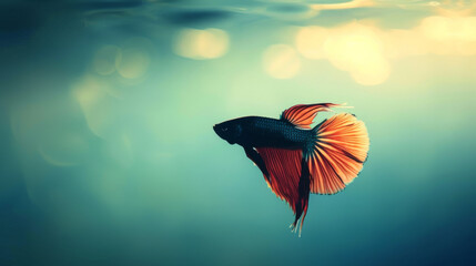 Wall Mural - Elegant Betta fish, also known as Siamese fighting fish, gracefully swimming in serene blue waters.