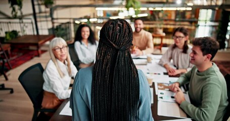 Poster - Meeting, presentation and business people in office for planning, discussion and proposal ideas. Creative agency, journalism and speaker with men and women for teamwork, feedback and collaboration