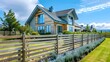 New wooden fence around house on sunny day enhancing homes exterior. Concept Home Improvement, Sunny Day, Wooden Fence, Exterior Design, Residential Renovation