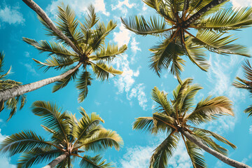 Looking up at blue sky and palm trees, view from below, vintage style, tropical beach and summer background.