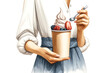 Woman in a casual outfit holding a paper cup of mixed fresh berries and yogurt, concept of healthy eating and summer treats