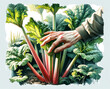 Hand harvesting vibrant stalks of rhubarb in a lush garden, depicting organic farming and sustainability, ideal for content related to Earth Day and vegan lifestyle