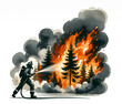 Illustration of a firefighter battling a forest wildfire, relevant for safety awareness, emergency response, and National Firefighter Day concepts, without human ethnicity depicted