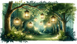 Enchanted forest pathway illuminated by hanging lanterns, evoking a magical midsummer night's ambiance, ideal for fairy tale and fantasy-themed concepts
