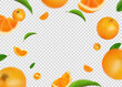 Flying oranges. Fruit juice fall, 3d citrus slices and fresh food leaves, circle frame with copy space, green summer juicy pieces. Botanical backdrop. Vector background realistic elements
